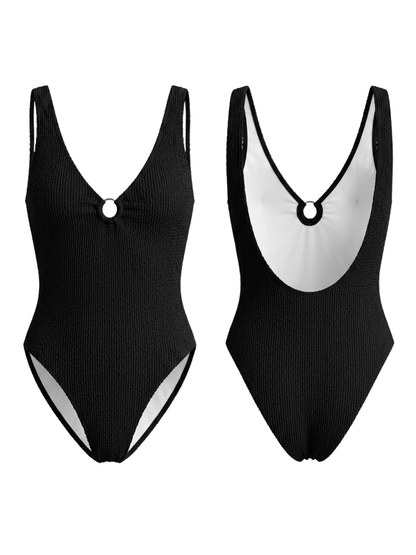 Black Crinkle Textured One-Piece Swimsuit with Ring Detail & Deep V-Neck