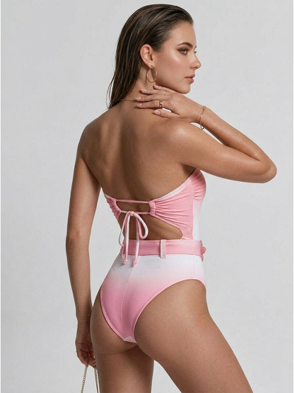 Pink-White Ombre Strapless One-Piece Swimsuit with Flower Accent