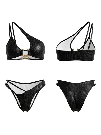 Snake Print PU Hollow Out Bikini Set