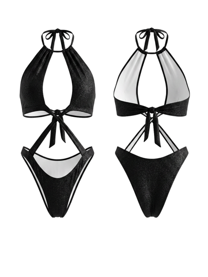 Black Patent Leather Halter Cross Strap Cutout One-Piece