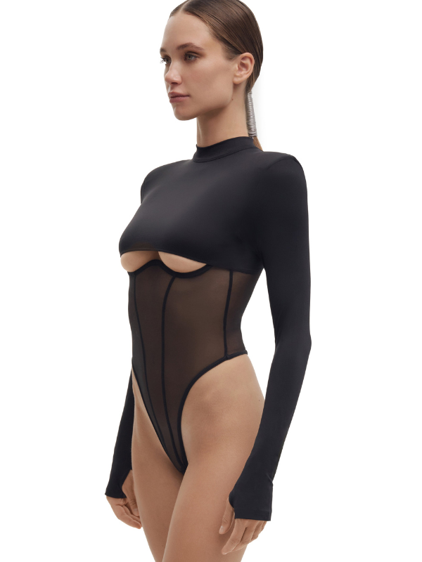 Sexy Mesh Panel Push-Up Cutout Bodysuit