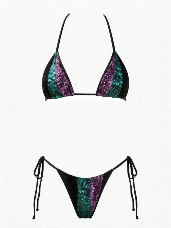 Glitter Color Block Halter Bikini