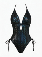 Deep V Cutout Side Tie Metallic Snake Print One Piece