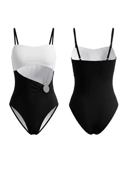 Vintage Black & White Colorblock Backless One-Piece