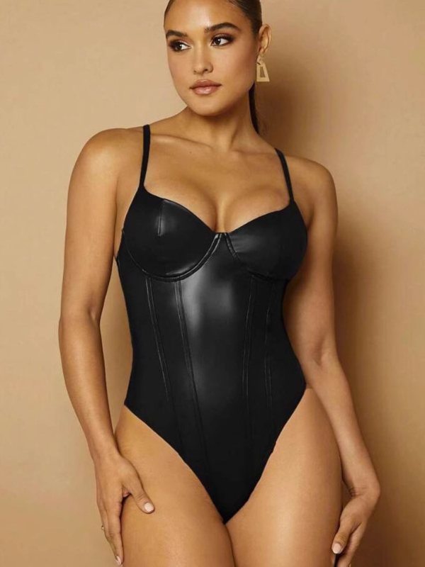 Sexy Cami Waist-Cinching Slim-Fit PU Bodysuits