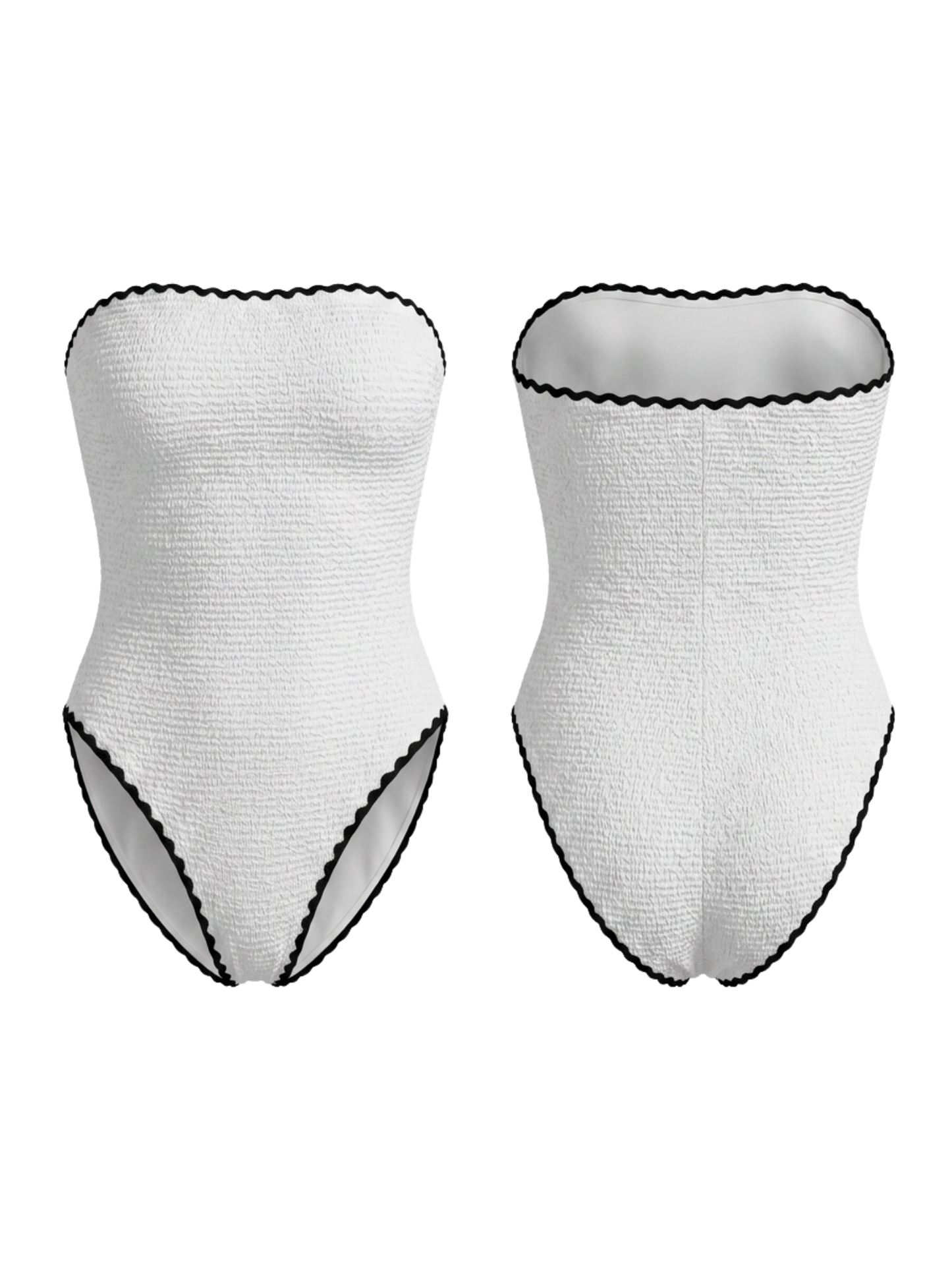 White Smocked Strapless One-Piece Swimsuit with Black Trim