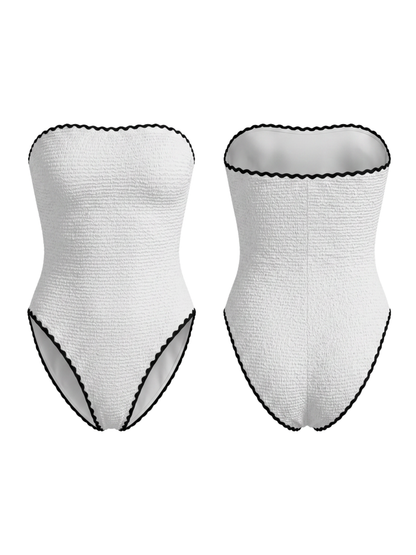White Smocked Strapless One-Piece Swimsuit with Black Trim