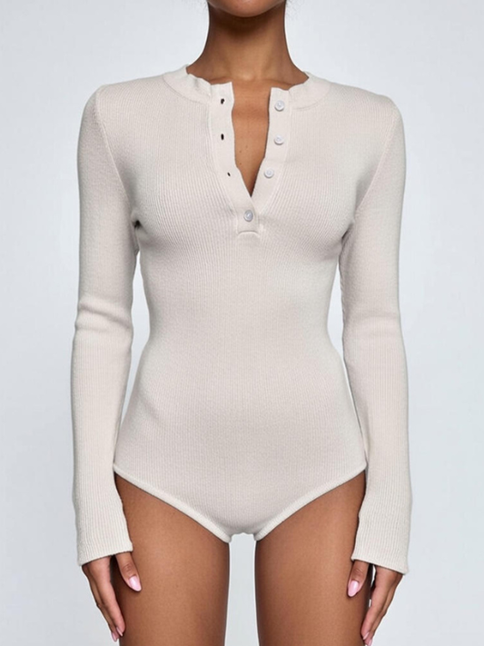 Fashion Crew Neck Button-Detailed Slim-Fit Knit Long-Sleeve Bodysuit