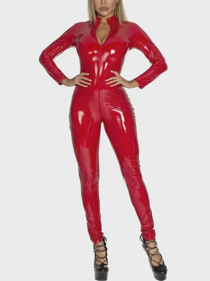 ZASUWA Damen-Jumpsuit aus glänzendem PU-Kunstleder mit Reißverschluss