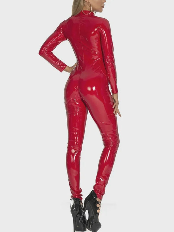 ZASUWA Damen-Jumpsuit aus glänzendem PU-Kunstleder mit Reißverschluss