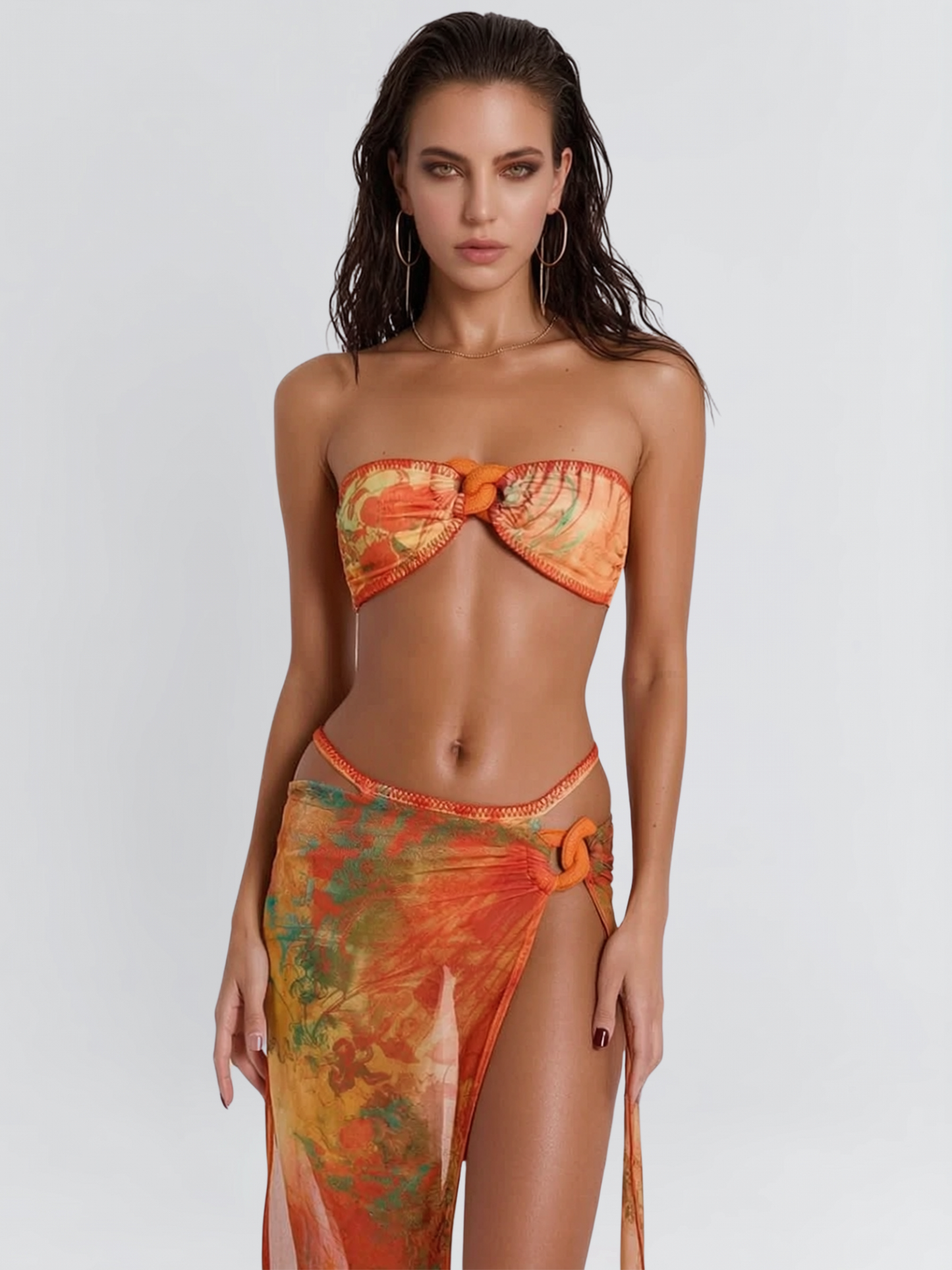 Tropical Print Knotted Bandeau Bikini 3-Piece Set with Sarong