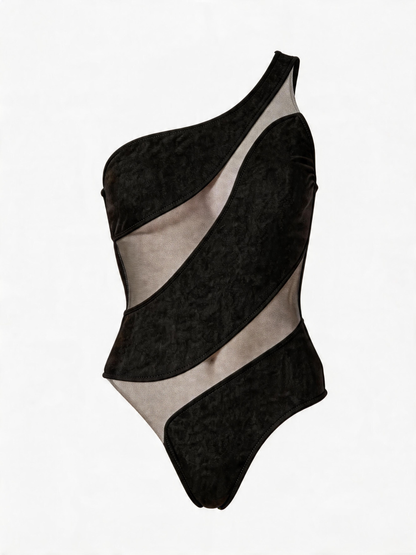 Sexy Slim Fit Mesh Spliced Cutout One-Shoulder One Piece