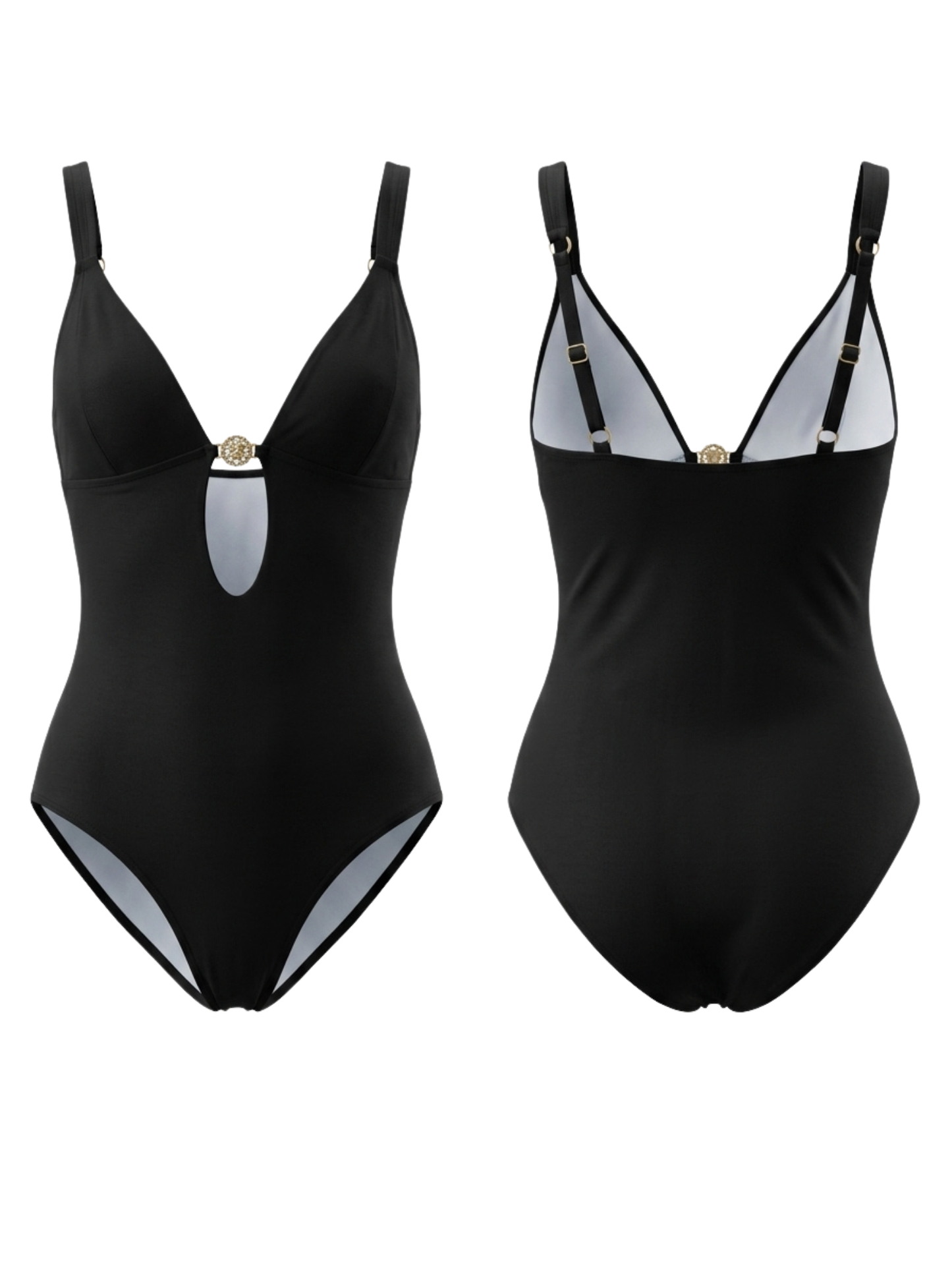 Luxury Black One-Piece Swimsuit with Statement Gold Hardware