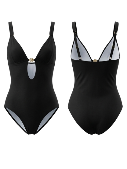 Luxury Black One-Piece Swimsuit with Statement Gold Hardware