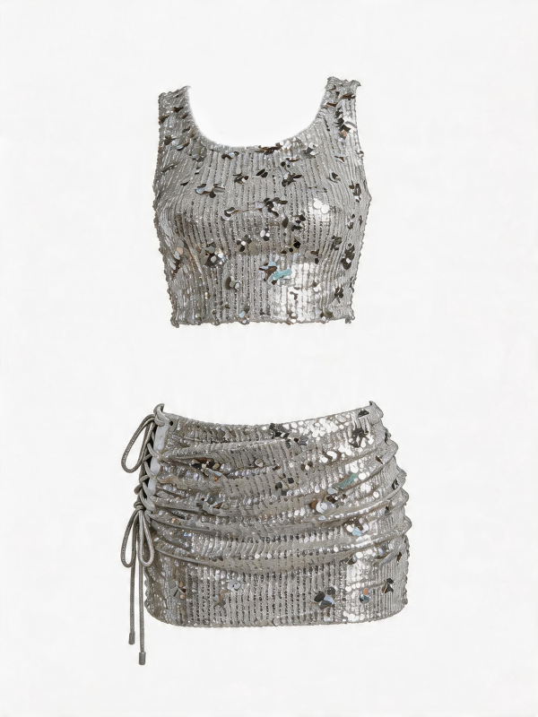 Sequin Knit Two-Piece Set with Crop Top & Skirt