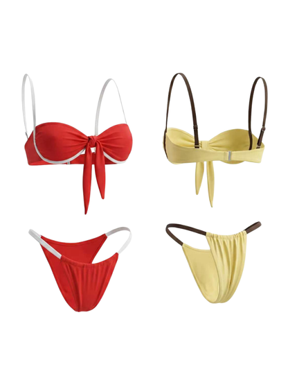 Sexy Contrast Color Bow-knot Lace-up Hollow Out Bikini Set
