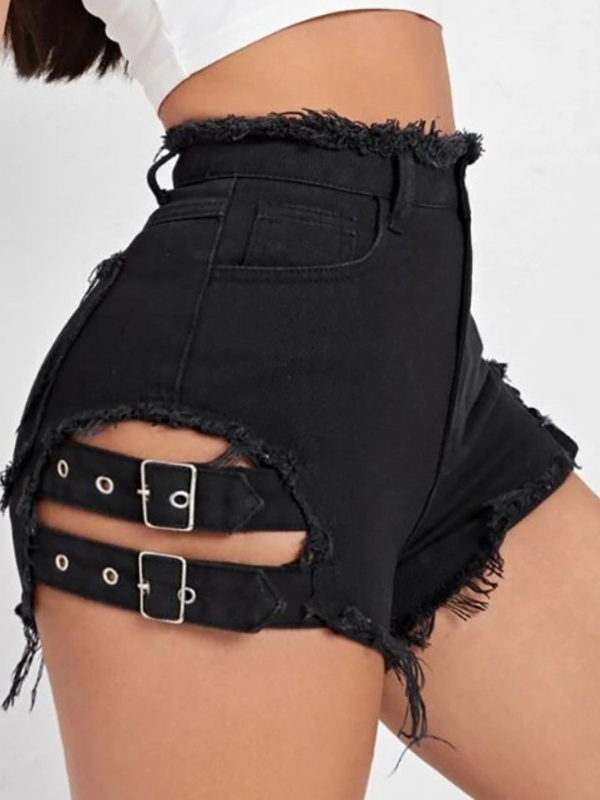 High-Waisted Distressed Denim Streetwear Shorts