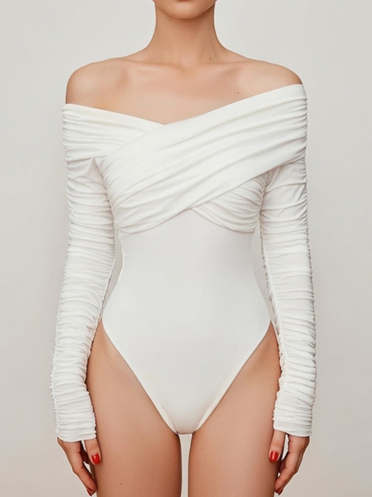 Sexy Off Shoulder Ruched Long Sleeve Shapewear Bodysuit