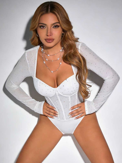 Sexy Sequin Sheer Slim Fit Mesh Long Sleeve Bodysuit