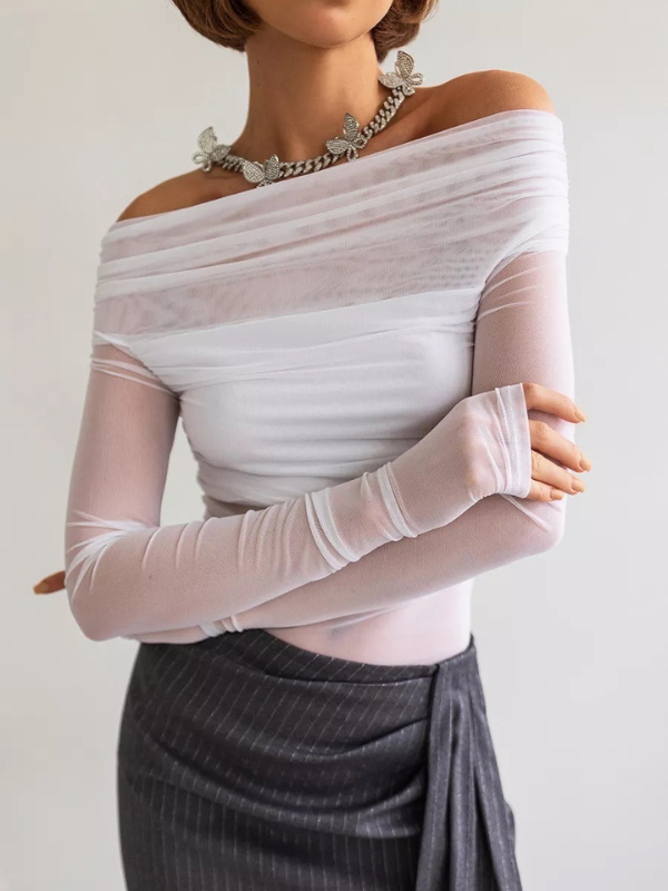 Sexy Strapless Sheer Mesh Long Sleeve Bodysuit