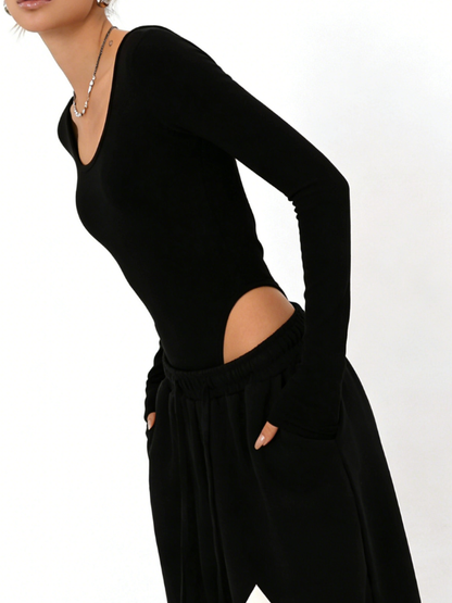 Sexy Tie-Back Open-Back Long-Sleeve Bodysuit