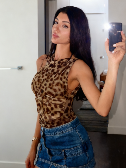 Fashionable Leopard Print Asymmetric Ruched Mesh Bodysuit