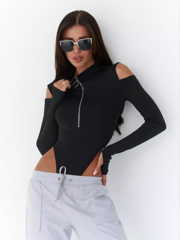 Sexy Hollow Out Off Shoulder Zipper Long Sleeve Bodysuit