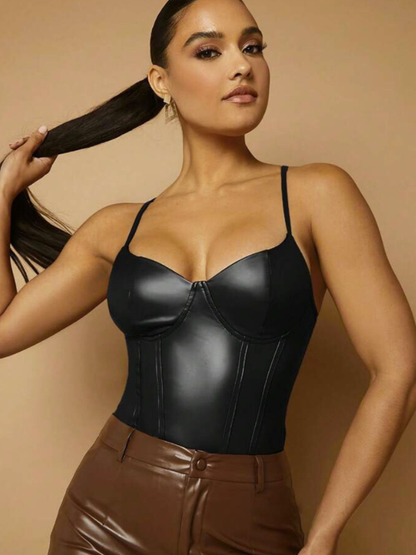 Sexy Cami Waist-Cinching Slim-Fit PU Bodysuits