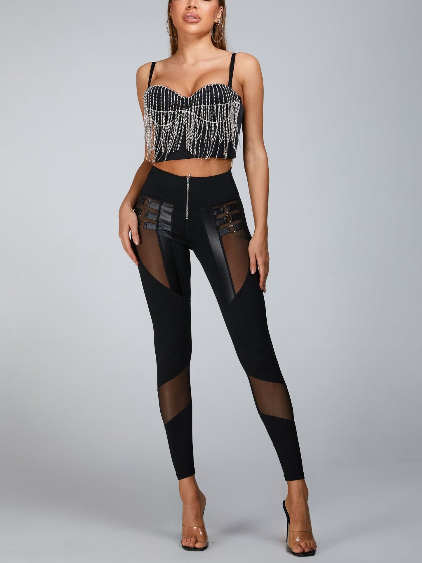 “Stitching Sexy” Cutout Mesh Beading Tassel Corset Tracksuit