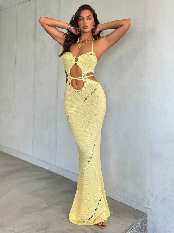 Vacation Style Sexy Knitted Halter Hollow-out Cut-out Bodycon Dress
