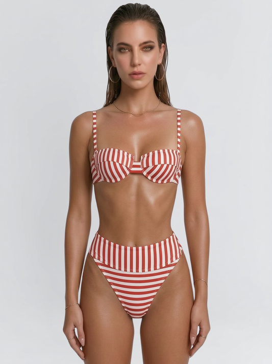 Beach Vacation Red & White Striped High-Waisted Bikini