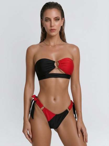 Red & Black Color Block Bandeau Bikini