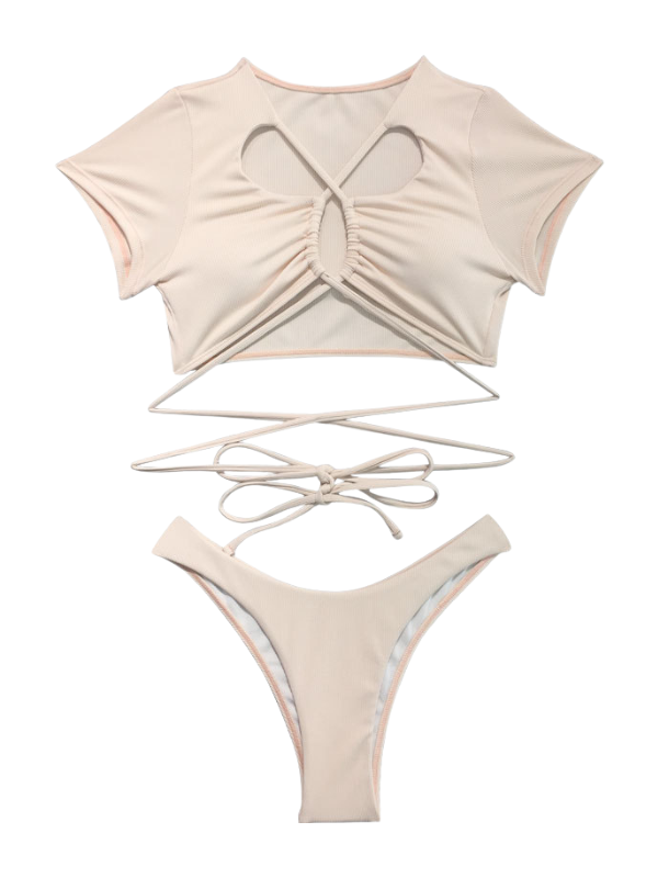 Drawstring Tie Ribbed Fabric Bikini