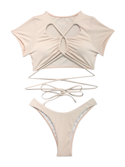 Drawstring Tie Ribbed Fabric Bikini
