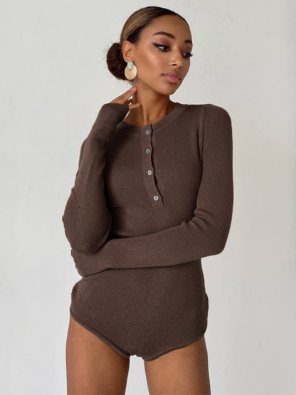 Fashion Crew Neck Button-Detailed Slim-Fit Knit Long-Sleeve Bodysuit