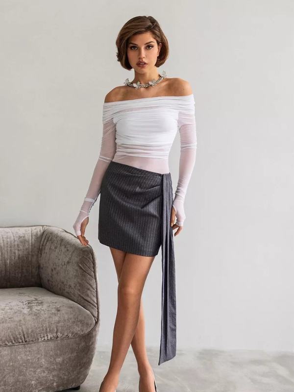 Sexy Strapless Sheer Mesh Long Sleeve Bodysuit