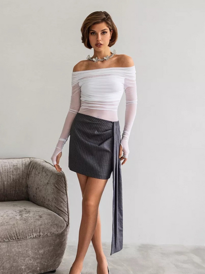 Sexy Strapless Sheer Mesh Long Sleeve Bodysuit