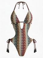 Crochet Striped Halter Cutout One-Piece