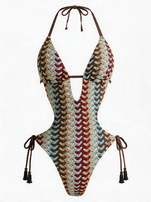 Crochet Striped Halter Cutout One-Piece