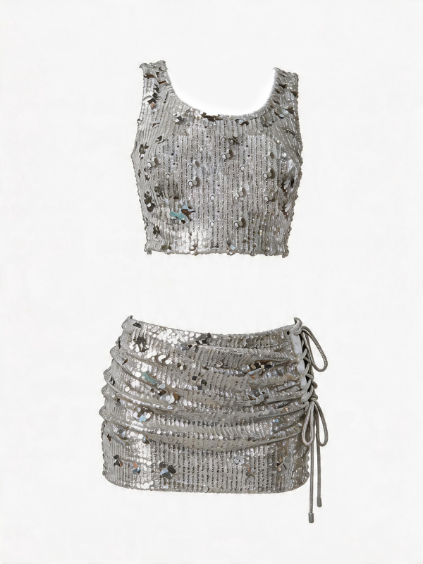 Sequin Knit Two-Piece Set with Crop Top & Skirt