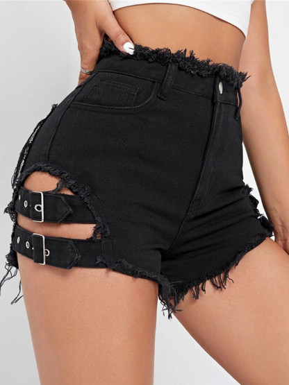 High-Waisted Distressed Denim Streetwear Shorts