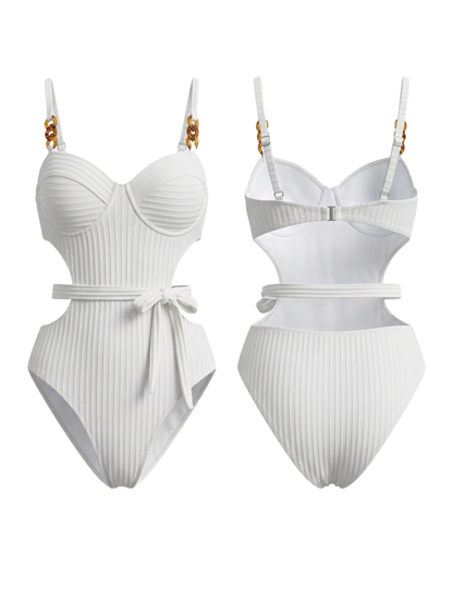 White Ribbed Underwire Cutout One-Piece