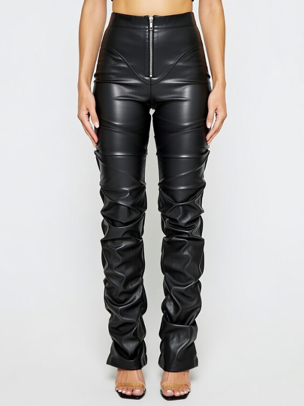 Faux Leather Folds Zipper Fashion Leggings