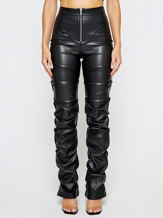Faux Leather Folds Zipper Fashion Leggings