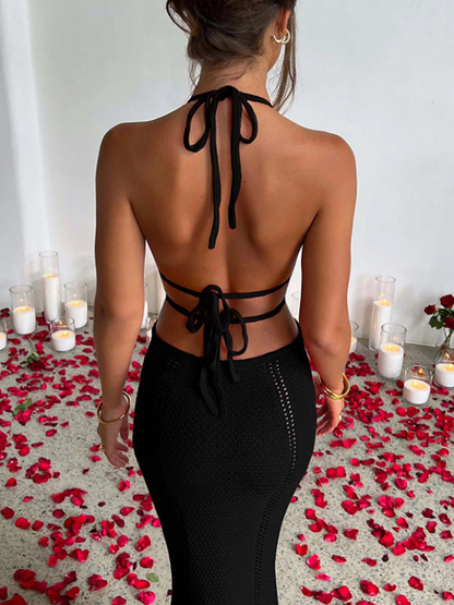 Vacation Style Sexy Halter Strapless Hollow Out Tie Dress