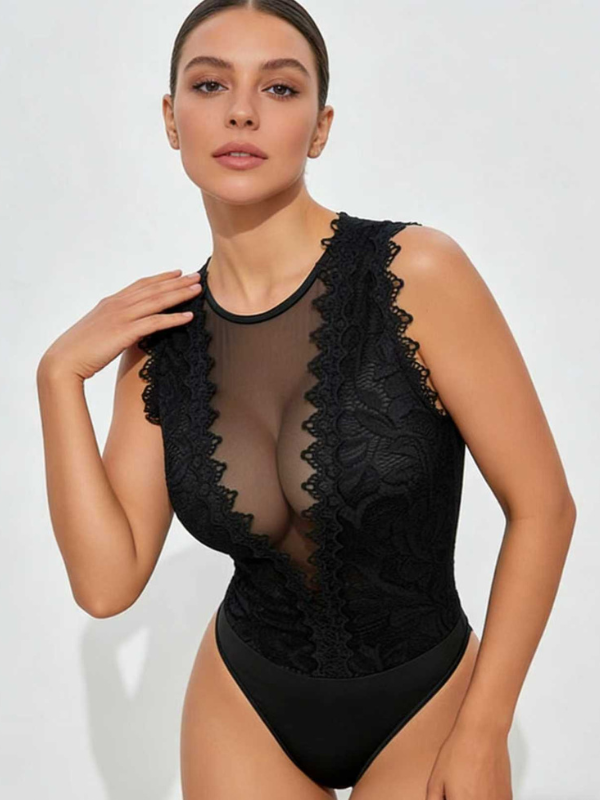 Sexy Lace Trim Sheer Mesh Splicing Cami Bodysuit