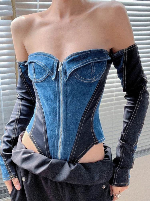 Fashion Sexy Stretch Color Block Denim Patchwork Slim Tube Top Bodysuit