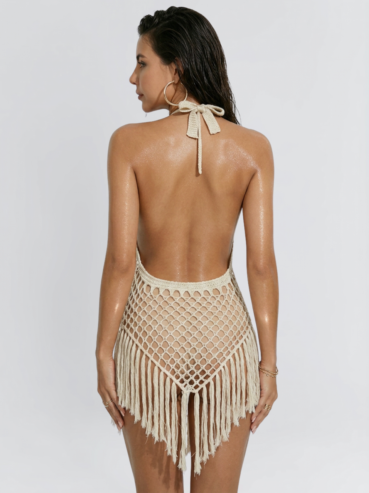 Bohemian White Crochet Fishnet Fringe Backless Dress