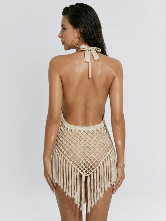 Bohemian White Crochet Fishnet Fringe Backless Dress