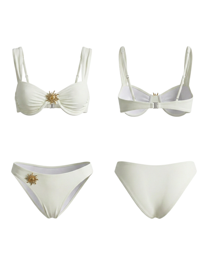 Cream Sunflower Underwired Bikini with Tie-Skirt 3-Piece Set